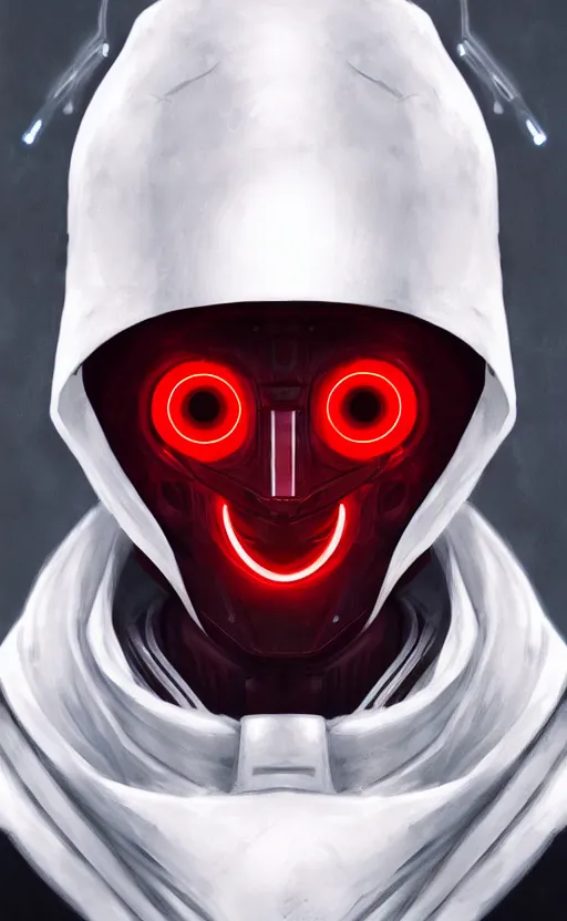 Image similar to face portrait of a robot in an all white hood and robe, with red glowing eyes, dynamic lighting, fantasy concept art, trending on art station, stunning visuals, creative, cinematic, ultra detailed