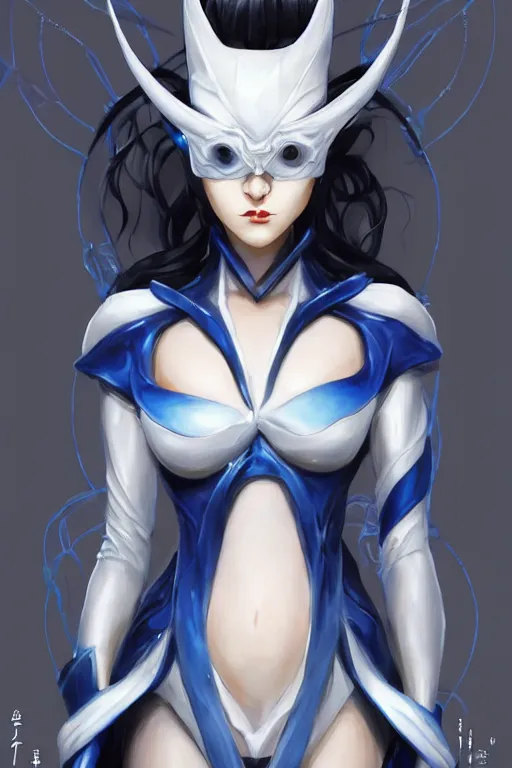 Prompt: Rena Nounen aka Nano as a super villain, [[[[grinning evily]]]], full view of face and body, sexy, luxurious white and royal blue accents, fantasy, intricate, elegant, highly detailed, digital painting, artstation, concept art, matte, sharp focus, illustration, art by Artgerm and Greg Rutkowski and Alphonse Mucha
