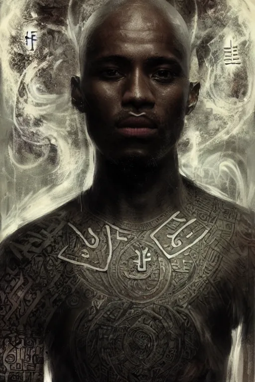 Image similar to A portrait of a dark skinned monk covered in runic tattoos, he is surrounded by glowing floating magical runes, digital art by Ruan Jia , Moebious, Craig Mullin, and Nick Knight