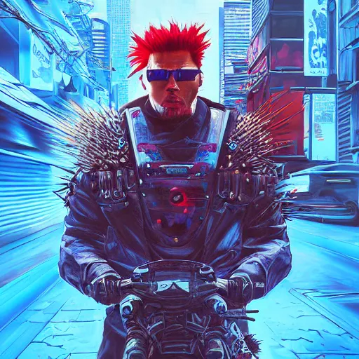 Image similar to portrait painting of a street samurai with spiky red hair riding a blue motorcycle, cyberpunk, glitchwave, ultra realistic, concept art, intricate details, eerie, highly detailed, photorealistic, octane render, 8 k, unreal engine. art by josan gonzales and moebius