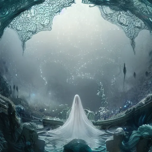 Image similar to under an white intricate like lace epic forest suspended in the air upside down, a white pool with intricate epic circles of water within floating female robots, dressed in intricate veils and jewels, and an intricate mythological underwater city, epic environment, matte painting, diffused lighting, highly detailed, cinematic, epic atmosphere, digital art, trending on artstation, wide angle