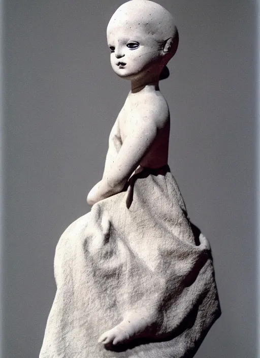 Image similar to realistic photo of a a ancient girl sculpture doll made of white clay, holding a pigeon, greyscale grain 1 9 6 0, life magazine photo, natural colors, metropolitan museum, kodak