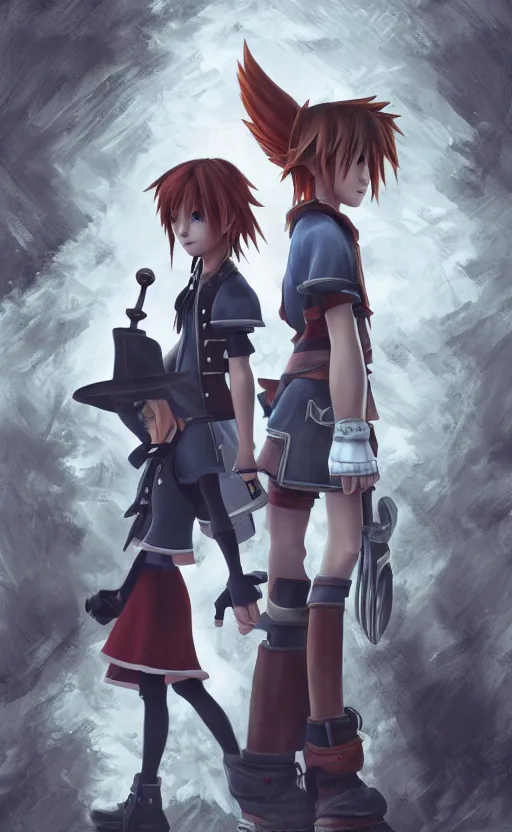 Image similar to Kairi and Sora as American Gothic in the style of Kingdom Hearts concept art, unreal engine, 8k resolution