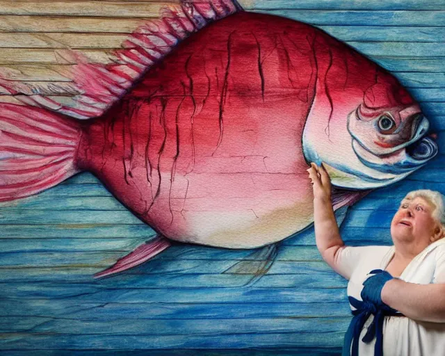 Image similar to an innocent and beautiful scene in hyper realistic style, watercolor and pen oily drawing on wood, of a fat old woman painting a huge colorful fish on the wall, lighting from the barred window. shadows. 4 k. wide angle. wild mood. red mouth, blue eyes. deep focus, lovely scene. ambient occlusion render. unreal engine.