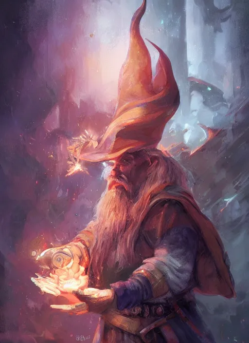 Prompt: a wondrous gnome wizard painted by raymond swanland