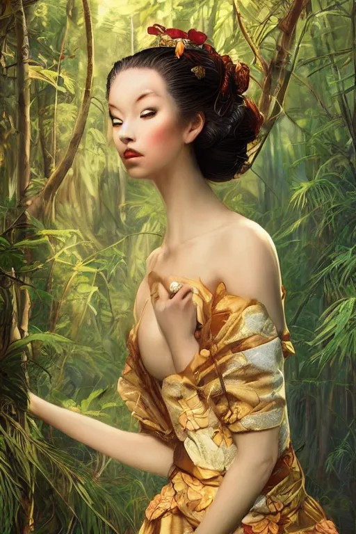 Image similar to stunningly beautiful, irish geisha prima ballerina in jungle, symmetrical face, golden hour, smooth, focus, highly detailed, hyper realistic, dramatic lighting, elegant, intricate, concept art, art by wlop, mars ravelo, greg rutowski, artstation