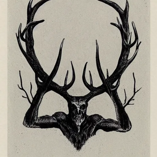 Prompt: bird entity with enormous antlers, horror art, etching