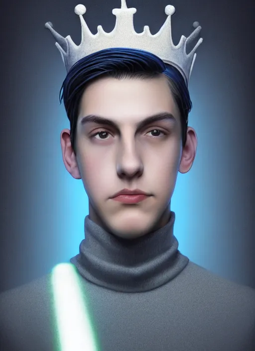 Image similar to portrait of teenage jughead jones wearing a light grey crown, crown, blue turtleneck, closed eyes, photorealistic, black hair, glowing lighting, intricate, elegant, glowing lights, highly detailed, digital painting, artstation, concept art, smooth, sharp focus, illustration, art by wlop, mars ravelo and greg rutkowski