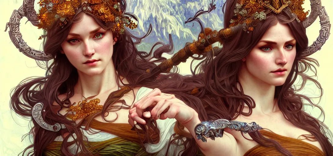 Prompt: a beautiful nordic goddess fighting a sasquatch, beautiful detailed eyes, cute, fantasy, intricate, elegant, highly detailed, digital painting, 4 k, hdr, concept art, detailed jewelry, smooth, sharp focus, illustration, art by artgerm, da vinci and alphonse mucha
