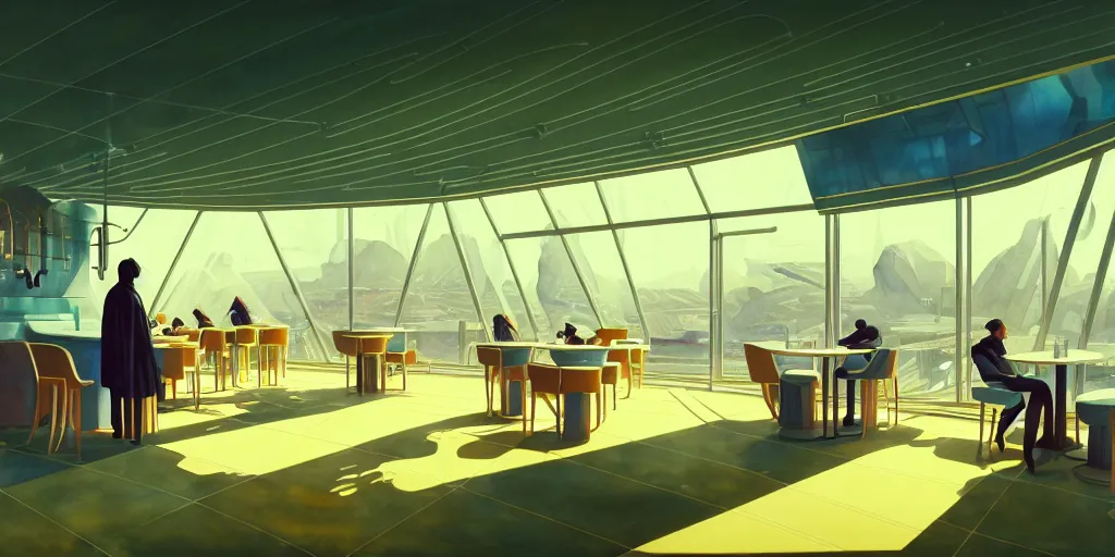 Prompt: a beautiful illustration of futuristic cafe interior, big medium small, sacred geometry, golden ratio, in watercolor gouache detailed paintings, in style of syd mead, trending on artstation, 8 k, panel, hard surface, vent, zaha hadid, props, plant, cozy, decoration around the room, simon stalenhag, deus ex