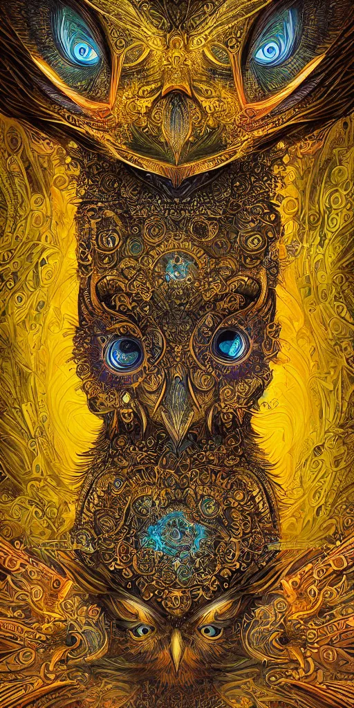 Image similar to intricate ornate of an owl with beautiful yellow eyes on a psychedelic journey in the style of android jones, symmetrical, sacred, ethereal, sacred geometry, hyper detailed, high detail, artstation, octane, unreal engine