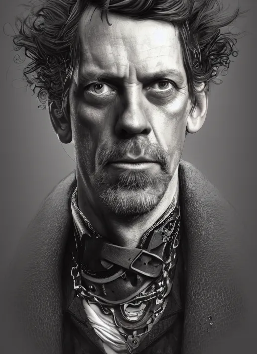 Image similar to steampunk portrait of hugh laurie, au naturel, hyper detailed, digital art, trending in artstation, cinematic lighting, studio quality, smooth render, unreal engine 5 rendered, octane rendered, art style by klimt and nixeu and ian sprigger and wlop and krenz cushart.