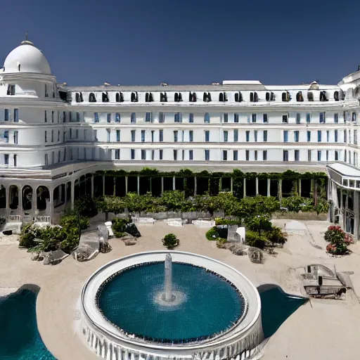 Image similar to a white grand hotel, with a hundred of windows, and a fountain at the yard of the hotel, satellite view photo