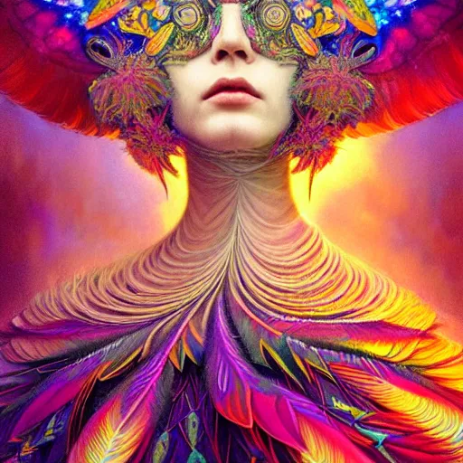 Image similar to An extremely psychedelic experience, reality bending, colorful, surreal, feathers, illuminated, magic mushrooms, psilocybin, LSD, face, detailed, intricate, elegant, highly detailed, digital painting, artstation, concept art, smooth, sharp focus, illustration, art by Krenz Cushart and Artem Demura and alphonse mucha