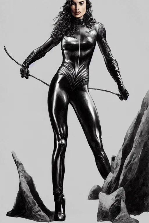 Prompt: a stunning full body portrait of Gal Gadot wearing a metallic full body catsuit, fantasy art by Frank Frazetta and Boris Vallejo, highly detailed, trending on artstationhq