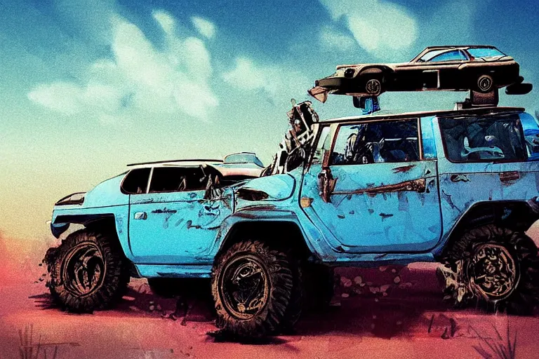 Image similar to digital illustration of a futuristic faded cyan mad max's fj 4 0 decrepit!!!! pursuit special, rusty!!! cyberpunk nissan fj cruiser heavily modded 1 9 9 0 s, the last v 8 interceptor by makoto shinkai, ilya kuvshinov, lois van baarle, rossdraws, basquiat