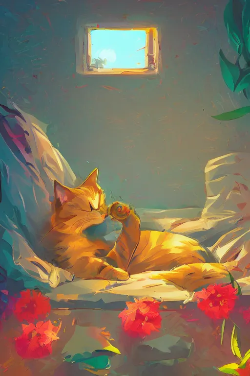 Image similar to a digital art of a cat sleeping in the room with flowers around in the afternoon, the sun shines in, animal, light effect, highly detailed, by anton fadeev