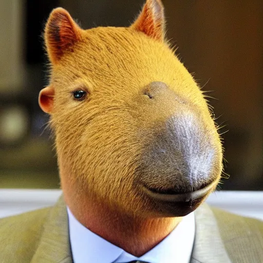 Image similar to capybara head, a man wearing a suit capybara head