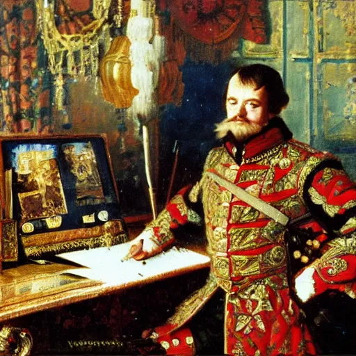 Image similar to russian tsar Peter The Great 18th century reinstalls operatins system on desktop computer by vasnetsov and surikov serov, JEAN-VICTOR BERTIN, by Terence Cuneo, detailed, artfully traced, 4k resolution, cinematic, dramatic