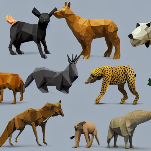 Prompt: low-poly models of various kinds of animals