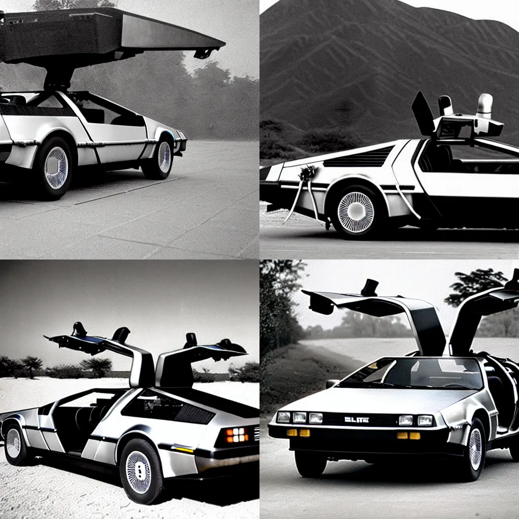 Prompt: delorean car from back to the future in an old black and white photograph of the piramids in ancient egypt