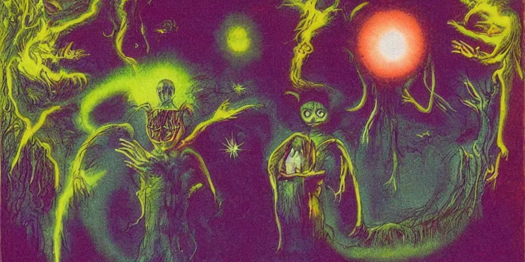 Image similar to dawn of creation ; first atom ; beings of light and darkness ; ethereal plane. bright neon colors. illustrated by maurice sendak and stephen gammell and junji ito