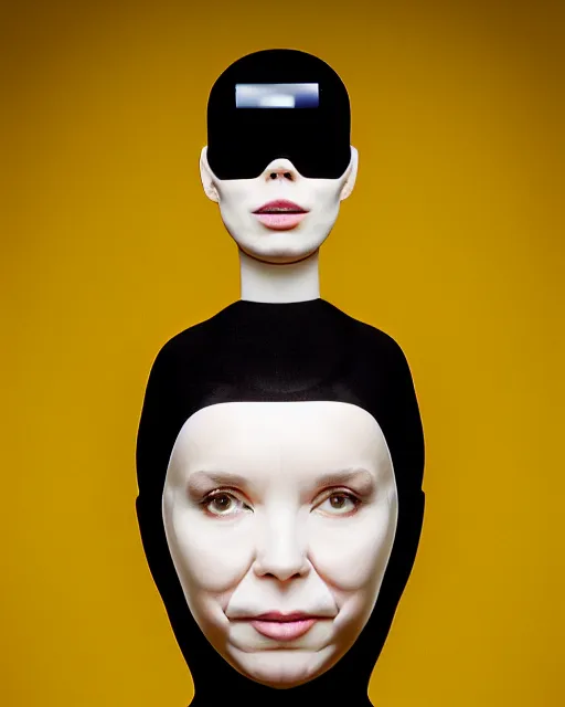 Image similar to symmetrical close - up portrait of a woman wearing a yellow silicone beauty mask and hair rolls, wearing a black bodysuit by alexander mcqueen, cream white background, biotechnology, humanoide robot, bjork aesthetic, translucent, by rineke dijkstra, masterpiece,