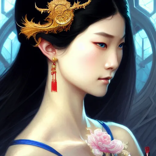 Image similar to ‘elegant Chinese princess, D&D, blue eyes, black hair, fantasy, intricate, elegant, highly detailed, digital painting, artstation, concept art, smooth, sharp focus, illustration, art by artgerm and greg rutkowski and alphonse mucha’