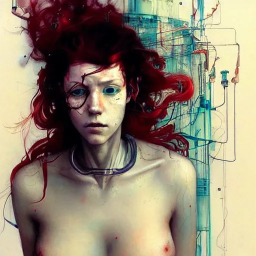 Image similar to beautiful redhead woman, cyberpunk dreams!, wires cybernetic implants!!, in the style of adrian ghenie, esao andrews, jenny saville, surrealism, dark art by james jean, takato yamamoto