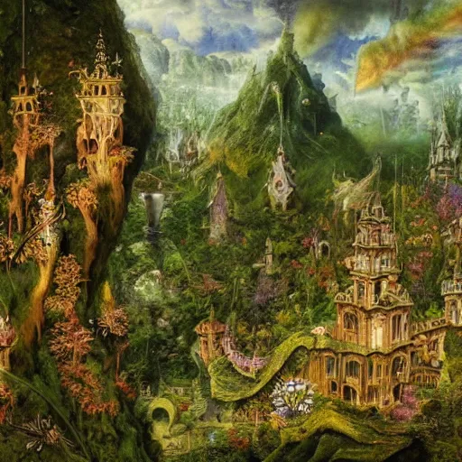 Image similar to a beautiful and highly detailed oil painting of a secret fairy land hidden deep in the lush mountains, wooden structures, intricate details, epic scale, insanely complex, 8 k, sharp focus, hyper realism, fantasy landscape, psychedelic, by caspar friedrich and brian froud,