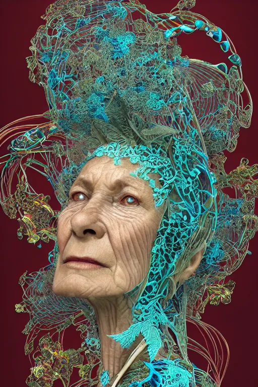 Prompt: cinema 4d colorful render, organic, ultra detailed, of a beautiful nacre old woman face, translucid. biomechanical cyborg, analog, macro lens, beautiful natural soft rim light, big leaves and stems, roots, fine foliage lace, turquoise gold details, Alexander Mcqueen high fashion haute couture, art nouveau fashion embroidered, intricate details, mesh wire, mandelbrot fractal, anatomical, facial muscles, cable wires, elegant, hyper realistic, in front of dark flower pattern wallpaper, ultra detailed, 8k post-production