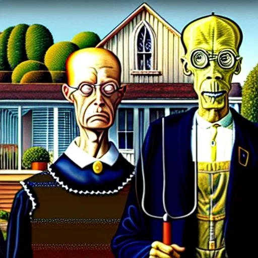 Prompt: Beavis and Butthead reimagined as the American Gothic painting