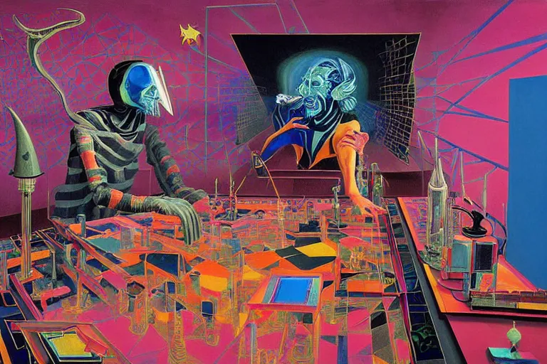 Image similar to a highly detailed beautiful masterpiece painting of a technomancer wizard in dazzle camouflage robes with pointed hood discussing sentience with his synthesized AI djinn hologram in his laboratory near a computer by Remedios Varo and Anato Finnstark and Greg Rutkowski and Andy Warhol and Francis Picabia and Artgerm, dayglo pink, dayglo blue, prismatic, pearlescent white, raven black, glowing, hyperrealism, 8k, trending on ArtStation, maximalist, rendered in Octane, rendered in Unreal engine, award winning, volumetric lighting