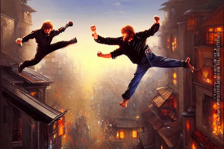 Image similar to chuck norris kicking a ninja out a window, an oil painting by ross tran and thomas kincade