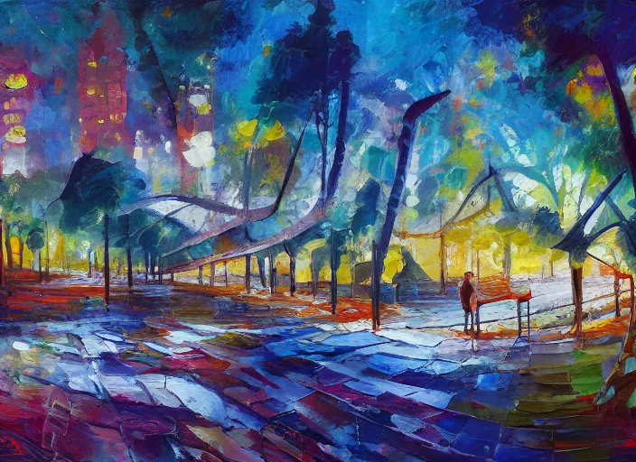 Image similar to bright beautiful oil painting of a futuristic city park by Viktor Tsvetkov