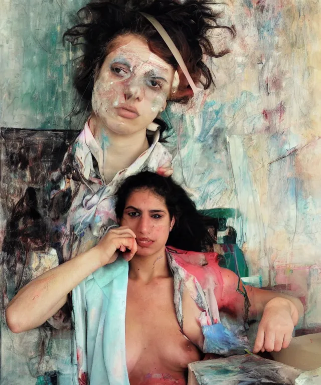 Image similar to a color photograph of persian young woman in her workplace, by nan goldin, out of place, intense, bold, exaggerated, over proportion, painted over by jenny saville, hyperrealistic, ultra sharp, extra details, ultra high quality,