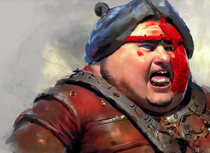 Image similar to a highly detailed beautiful portrait of eric cartman as kratos, by gregory manchess, james gurney, james jean