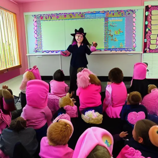 Prompt: a pink teddy bear witch teaching a classroom of younger teddy bear witches