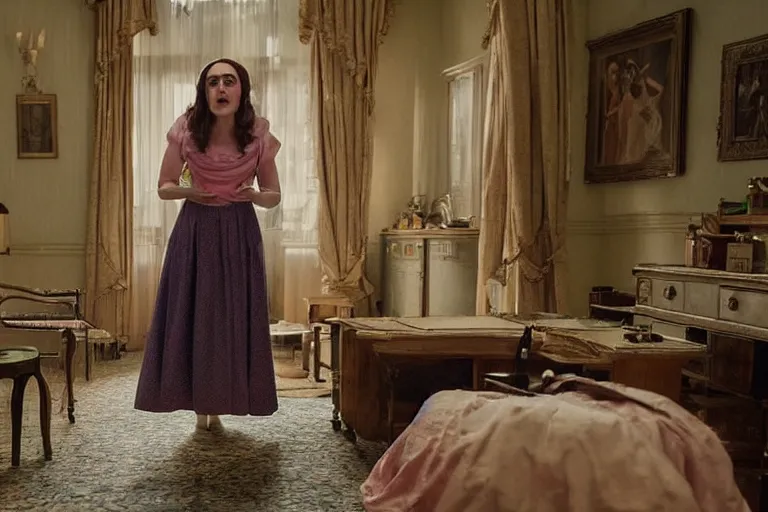 Prompt: mid-shot of Katie McGrath as the maid in the new movie directed by Wes Anderson, symmetrical shot, idiosyncratic, relentlessly detailed, pastel, limited colour palette, detailed face, movie still frame, promotional image, imax 70mm footage