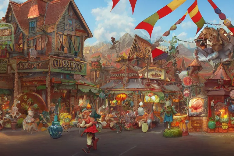 Image similar to circus cozy fantasy village street view by artgerm and Craig Mullins, James Jean, Andrey Ryabovichev, Mark Simonetti and Peter Morbacher 16k