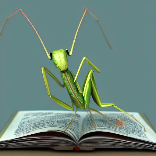 Prompt: 3 d render of praying mantis reading a book, octane render, pixar style