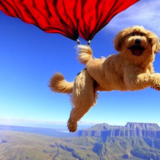 Image similar to a hairy dog jumping from a cliff with a parachute