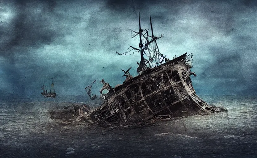 Image similar to “Pirate ship wreck falling from the sky, digital art, cinematic, award winning”