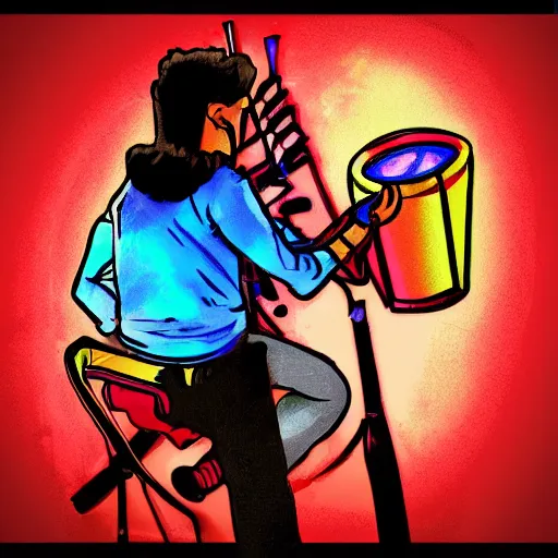 Image similar to the coolest kid in middleschool performing a super drum solo at the talent show digital art, cartoon, artstation