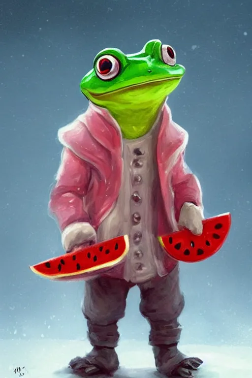 Prompt: cute anthropomorphic frog wearing a white butcher coat with a white butcher hat and holding a cleaver, cutting a wipe red watermellon, tiny, small, miniature frog, baby animal, short, pale blue armor, cute and adorable, pretty, beautiful, DnD character art portrait, matte fantasy painting, cgsociety Artstation, by Jason Felix by Steve Argyle by Tyler Jacobson by Peter Mohrbacher, cinematic lighting