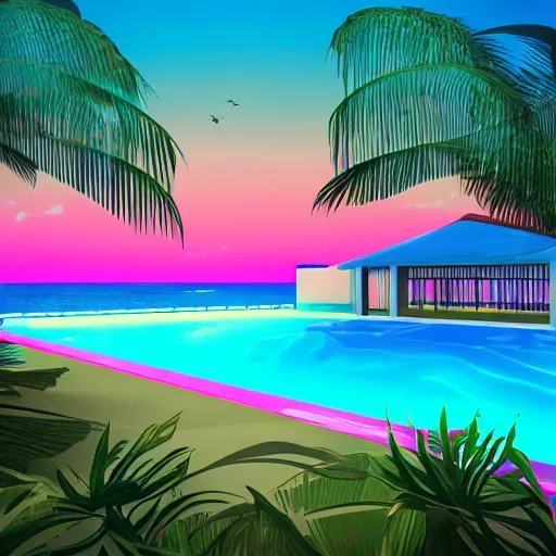 Image similar to motel, swimmingpool, sunset, palms, beach, sunset, vaporwave, pink, blue, green, purple, bryce 3 d style.