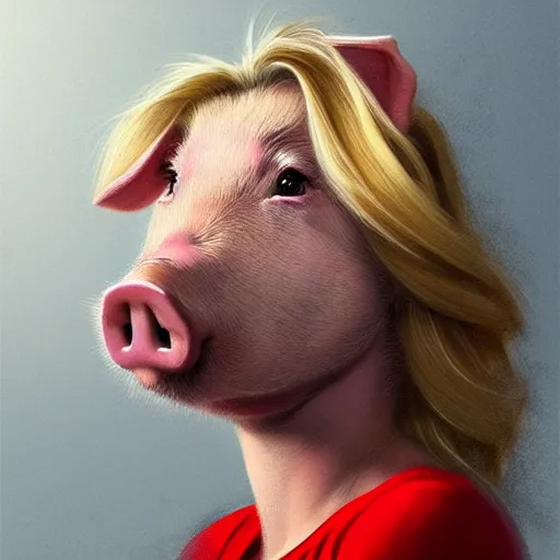 Image similar to portrait of a half blonde woman half pig with red shirt ,digital art,photorealistoc,art by greg rutkowski,hyperdetailed,western comic style,comic,comic style,sharp lineart,professional lighting,deviantart,artstation,trevor henderson,rossdtaws,cinematic,dramatic