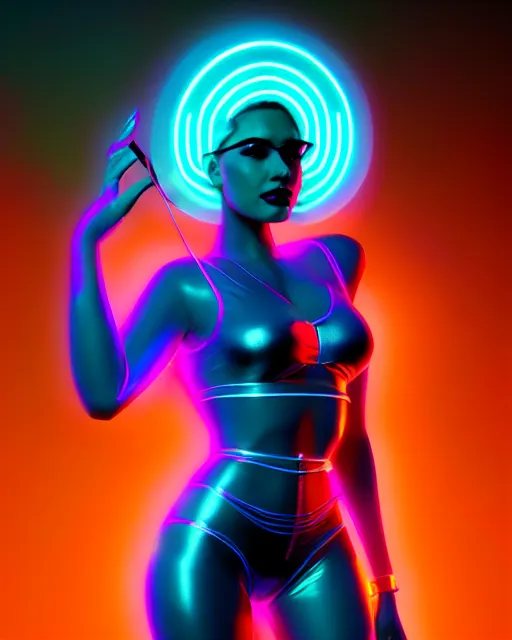 Image similar to ultra realistic photo of a cyber neon queen, retro futurism, full body pose, thick fancy eyeliner, hyper photorealistic, fashion photography, digital photography, trending on artstation, cinematic, 4 k ultra hd, art by pascal blanche, art by greg rutkowski