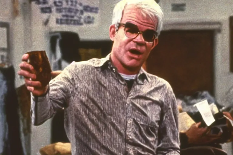 Image similar to steve martin in the jerk, ragged clothes, desheveled, cinematic still,