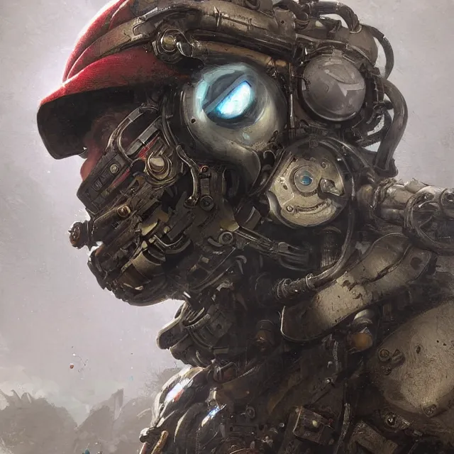 Prompt: a rugged engineer video game retro 8 0 s super mario with cybernetic enhancements, scifi character portrait by greg rutkowski, esuthio, craig mullins, 1 / 4 headshot, cinematic lighting, dystopian scifi gear, gloomy, profile picture, mechanical, half robot, implants, steampunk, gaming